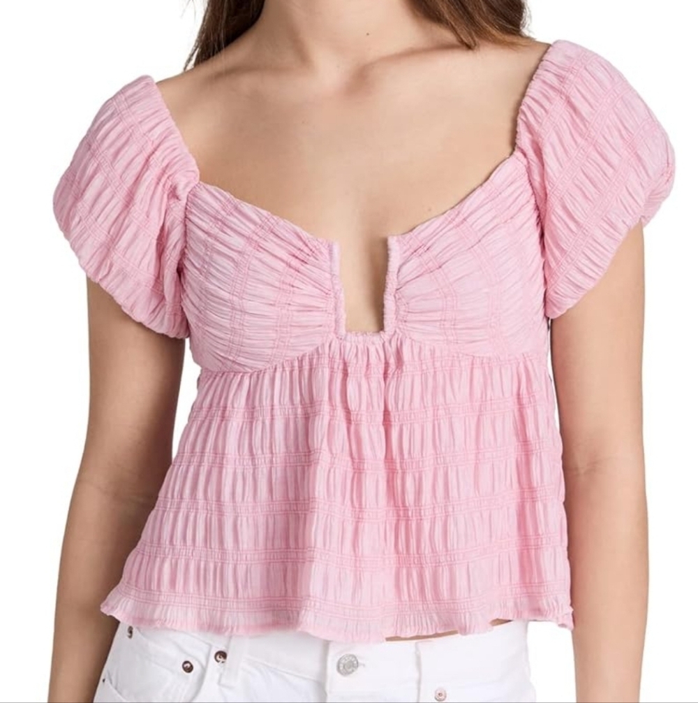 Astr Pink Smocked Puff Sleeve Square-Neck Blouse